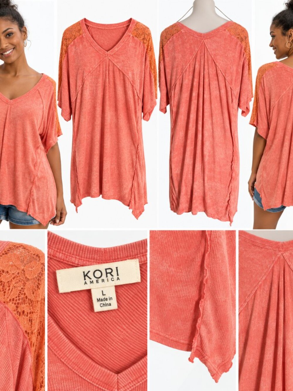 Kori America L Coral Mineral Wash Lace V Neck Tunic Top Boho Coastal Oversized